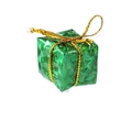 Detail of a bright green laser foam Christmas candy gift box ornament with gold ribbon tie - 1.5cm / Green