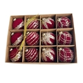 Macro detail of 12-piece burgundy flocked Christmas ornaments with gold glitter patterns - 6cm / Burgundy Flocked Ball