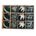 Set of 12 green Christmas ball ornaments with gold glitter patterns in a gift box - 6cm / Green Flocked Ball