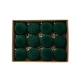 Close-up of twelve dark green flocked Christmas balls in a recycled kraft paper gift box - 8cm / Green Flocked Ball
