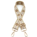 Dettaglio della tracolla jacquard bohémien con fibbie in metallo dorato e trama floreale - Chiusura in Argento / Beige Cachi