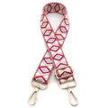 Detail of red and blue geometric diamond pattern bag strap with gold metal buckles - No.11 Wine Red Beige White