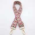 Detail of colorful geometric diamond pattern bag strap with gold metal lobster clasps - No. 5 Red Beige Light Blue