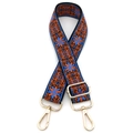 Detail eines gewebten Jacquard-Taschenriemens mit blau-orangem Muster und Goldbeschlägen - Orangeblau - Silberschnalle