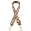 Detail of adjustable woven bag strap with white wave pattern and gold metal lobster clips - No.12 Camel