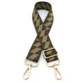 Détail d'une bandoulière de sac réglable en nylon avec motifs losanges bruns et crochets dorés - Fermoir en Argent / Motif No 5 Vert Armée