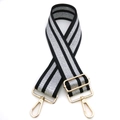 Détail de la bandoulière rayée noir et argent avec des mousquetons en métal doré clair - Fermoir en Argent / N°1 Noir