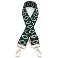 Detail of adjustable woven bag strap Style 12 with green diamond patterns and gold hooks - No. 12 Green White