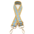 Macro detail of adjustable jacquard bag strap with geometric patterns and gold metal clips - No.3 Yellow and Light Blue Pattern