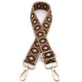 Macro detail of adjustable No. 23 geometric woven bag strap with golden hardware - No.23 Mustard Pink Green