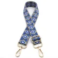 Detail of adjustable geometric diamond pattern bag strap with gold lobster clasps - No.24 Lake Blue Beige