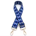Detail of blue geometric diamond pattern adjustable woven bag strap with gold hooks - No. 18 Royal Blue