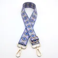 Detailed view of adjustable purple geometric pattern strap with gold metal hooks - No. 20 Taro Purple Lake Blue