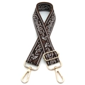 Close-up of ethnic paisley pattern jacquard bag strap with golden lobster clasps - No. 5 Coffee
