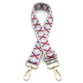 Detail view of woven diamond pattern bag strap with polished gold hardware buckles - No. 21 Light Blue Red