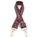 Detail view of ethnic paisley burgundy woven shoulder strap with gold metal hooks and buckle - No. 6 Wine Red