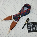 Detail of colorful geometric wide bag strap with brown leather ends and gold metal buckle - Style 3 Brown