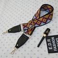 Detail of adjustable ethnic patterned jacquard shoulder strap with gold metal buckles - Style 2 Black