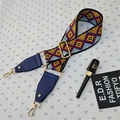 Detail of adjustable colorful geometric woven strap with gold metal hooks and blue leather - Style 2 Blue