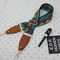 Detail view of ethnic geometric pattern wide strap with brown leather and gold hooks - Brown (Style 1)