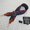 Detail of adjustable geometric ethnic style bag strap with gold metal buckle and leather ends - Style 3 Brown