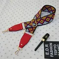 Detail of colorful geometric wide bag strap with red leather ends and gold metal hooks - Style 2 Red