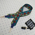 Close-up of adjustable woven shoulder strap with colorful geometric diamond pattern and gold hooks - Style 1 Blue