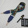 Macro view of geometric woven wide handbag strap with gold buckle and leather detail - Style 1 Blue