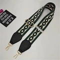 Detail showing adjustable green and white striped bag strap with gold metal hooks - Style 2 Green Ribbon