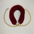 Detail view of plush wine red faux fur strap with gold metal chain and lobster clasps - Burgundy