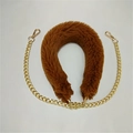 Detail view of brown faux fur bag strap with gold metal chain and lobster clasps - Brown Chain Design