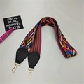 Ethnic style colorful woven guitar shoulder strap with black leather ends and gold hooks - Rainbow