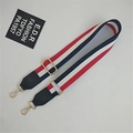Detail of red, white and navy blue striped bag strap with gold metal lobster hooks - Red White Blue Stripes