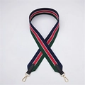 Detailed view of striped fabric bag strap with black leather ends and golden metal clips - Blue Red Green