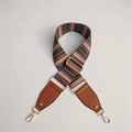Macro shot of colorful striped wide replacement bag strap with golden metal swivel hooks - Brown