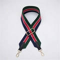 Détail de la bandoulière réglable en toile avec des mousquetons dorés de haute qualité - Rayé Vert Rouge Bleu Embouts Cuir Noir Petit