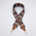 Détail de la sangle en tissu rayé avec boucles en métal doré et embouts en cuir brun - Marron