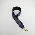 Detail of blue and black woven bag strap with premium gold lobster clasp hardware - Plaid Blue