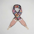 Close-up of colorful ethnic floral jacquard bag strap with pink leather and gold metal hardware - Style 4 Pink