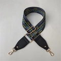 Ethnic geometric embroidery replacement bag strap with navy, yellow, and gold hardware - Blue Grid Black