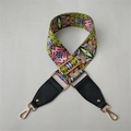 Ethnic wide shoulder strap for handbags with colorful pattern and golden metal hardware - Green Floral Black