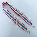 Adjustable wide woven shoulder strap with red white and blue stripes and gold metal hooks - Style 2 Red