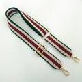 Detail of red and green striped nylon bag strap with gold lobster clasps and buckles - Style 2 Green