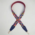 Dettaglio tracolla colorata in jacquard geometrico con terminali in pelle blu e ganci oro - Chiusura in Argento / Blu
