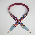 Dettaglio tracolla colorata a motivi geometrici con punte in pelle blu e ganci dorati - Chiusura in Argento / Azzurro