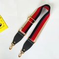 Adjustable wide striped nylon bag strap with golden metal hooks and leather ends - Red Stripe With Black Leather
