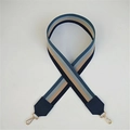 Detail eines breiten gestreiften Taschenriemens mit Lederenden und Goldkarabiner - Blau Stil 3