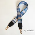 Macro shot of sky blue plaid bag strap with gold metal buckles and black leather ends - Width 3.8CM / Sky Blue Plaid with Black Ends
