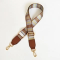 Detailed view of adjustable plaid wide bag strap with golden metal hardware and leather ends - Width 3.8CM / Light Brown Plaid with Brown Ends