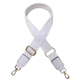 Adjustable white canvas bag strap with leather ends and gold metal buckles shown in detail - Pure White